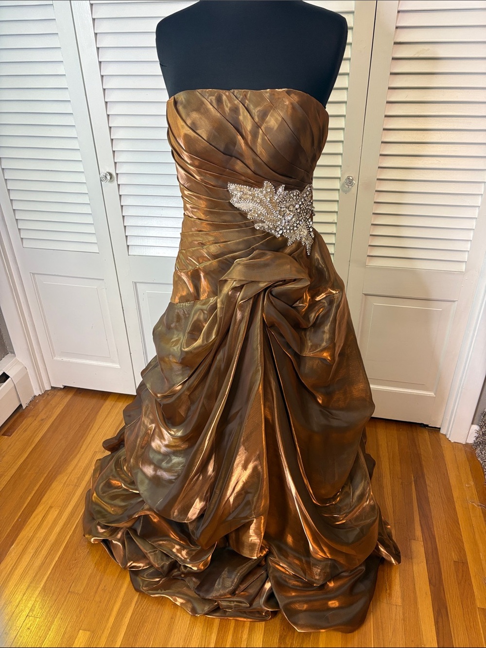 Jovani Strapless Metallic Bronze Ball Gown with Crystal Appliqué